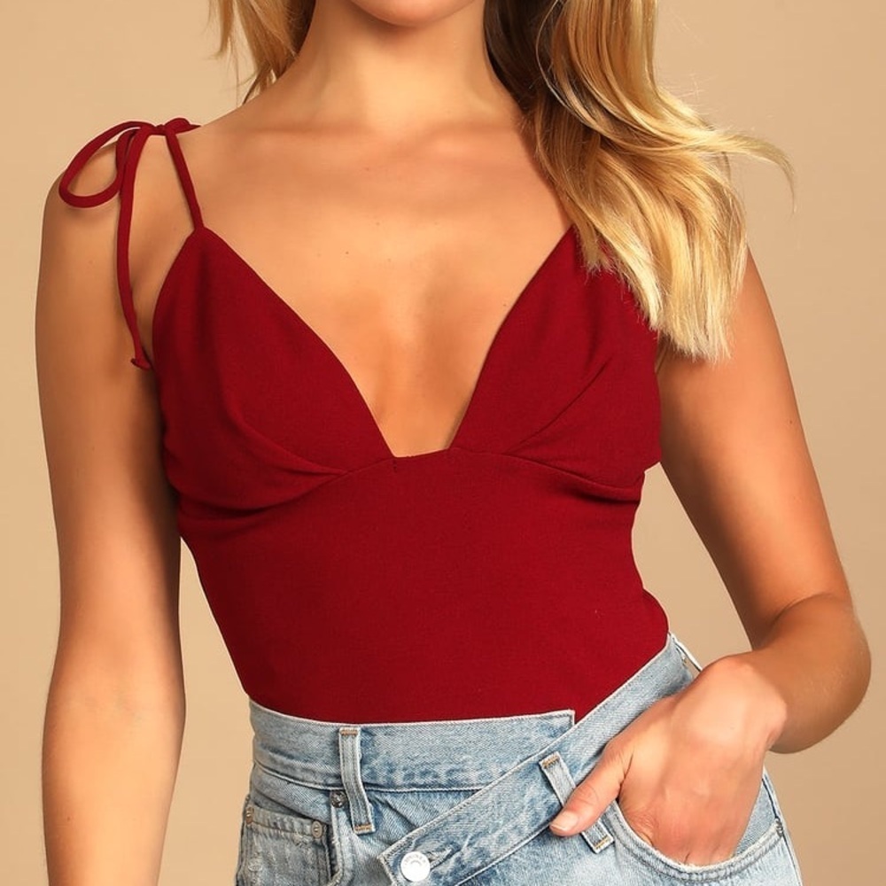 Lulu’s Hot Nights Wine Red Tie-Strap Bodysuit - Picture 2 of 3